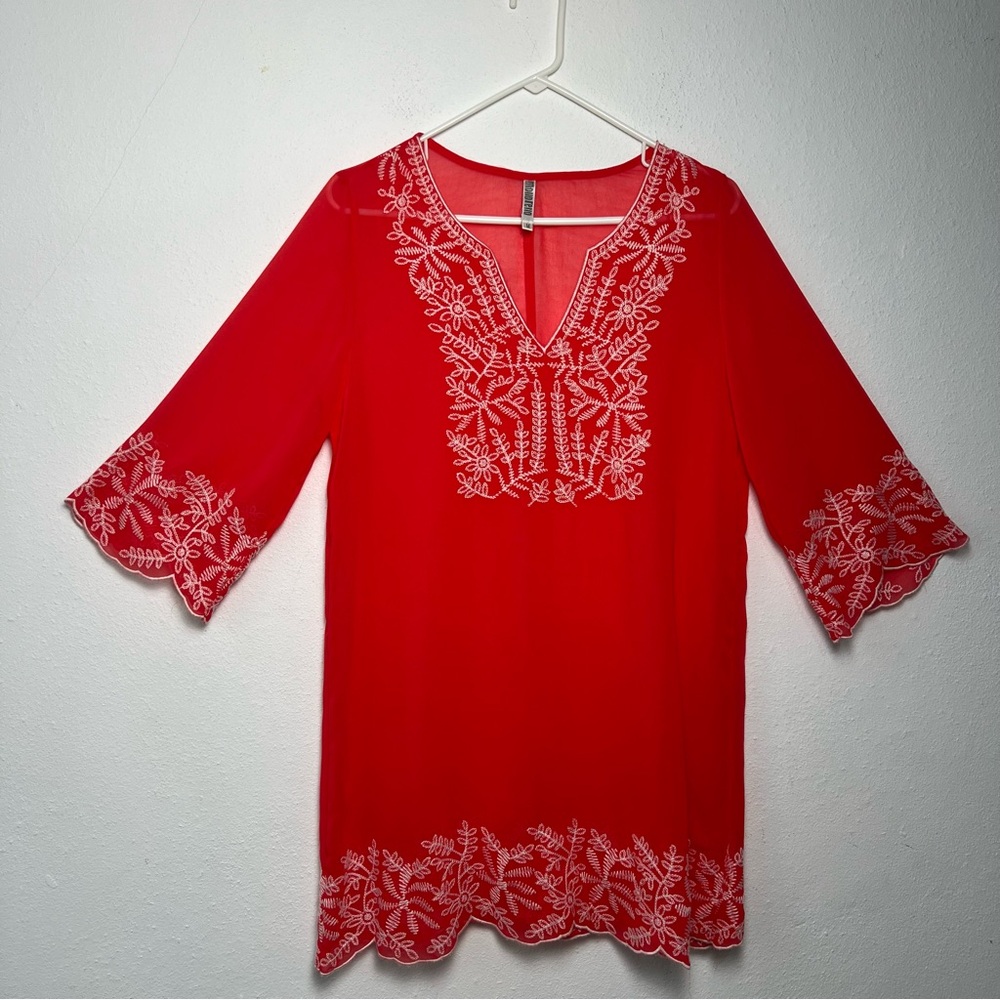 Monoreno Women’s Embroidered Tunic Top Size Medium V-Neck Cover-Up Coral Color - Picture 3 of 16
